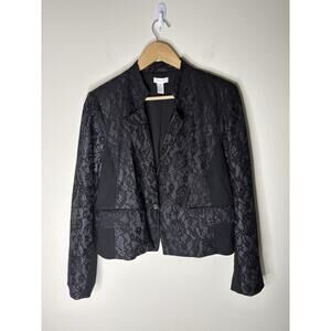 Chicos Womens Size 2 US Large Blazer Black One Button Lace Accents Long Sleeve